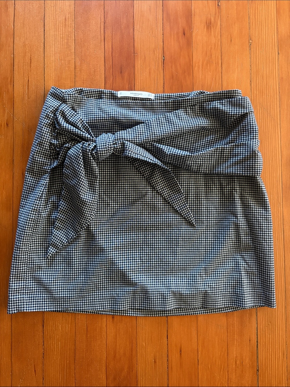Mango Dark Blue and White Gingham Tie-Front Mini Skirt